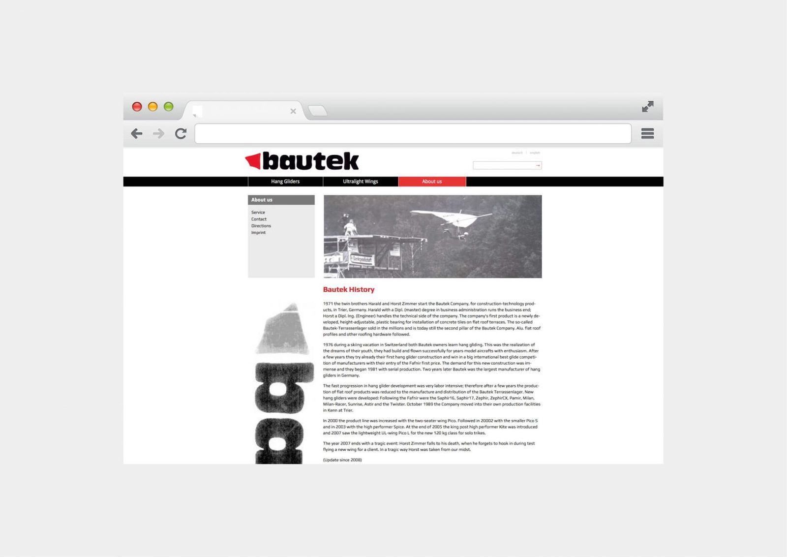 Webauftritt für Bautek in zwei Sprachen, Startseite im Browser